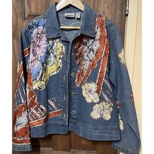 VTG Chico’s Design Denim Jacket Silk Batik Patch Boho Wearable Art  Women’s 2 L